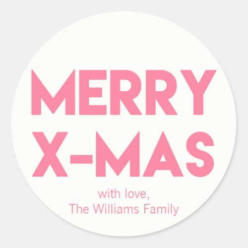 Merry X_Mas Modern Hot Pink Typography Christmas Classic Round Sticker