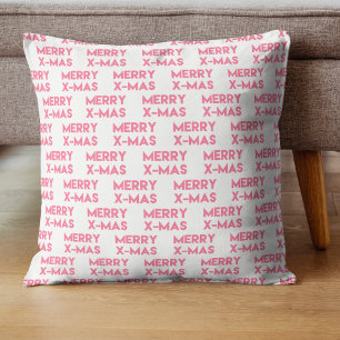 Merry X-Mas, Modern Hot Pink Typography Christmas Throw Pillow