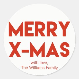 Merry X-Mas, Modern Red Typography Christmas Classic Round Sticker