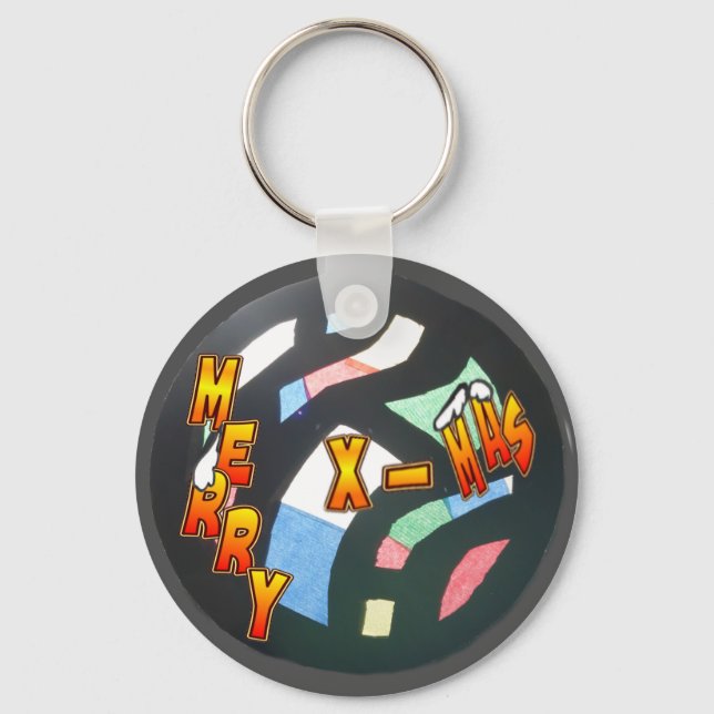 Merry X-Mas Stained Glass Pattern Keychain (Front)