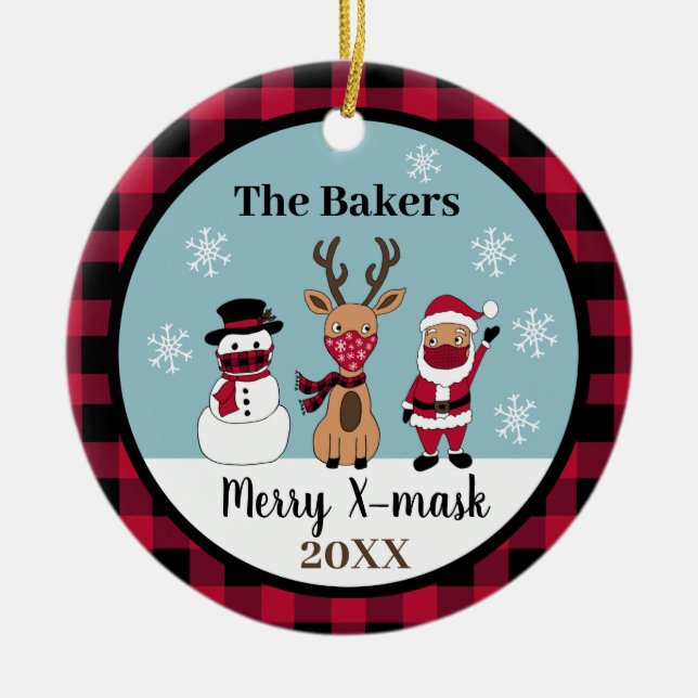 Merry X-Mask Funny Buffalo Plaid Check Santa Ceramic Ornament (Front)