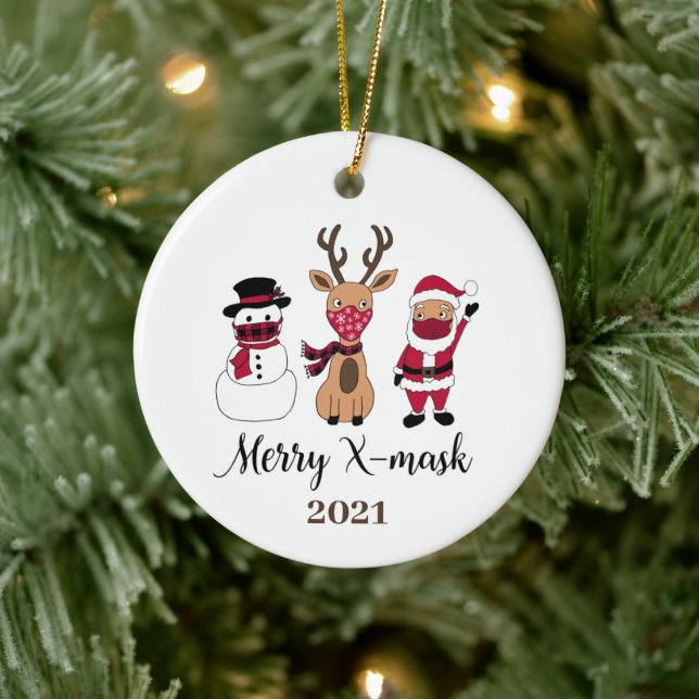 Merry X-Mask Funny Buffalo Plaid Santa Ceramic Ornament (Tree)