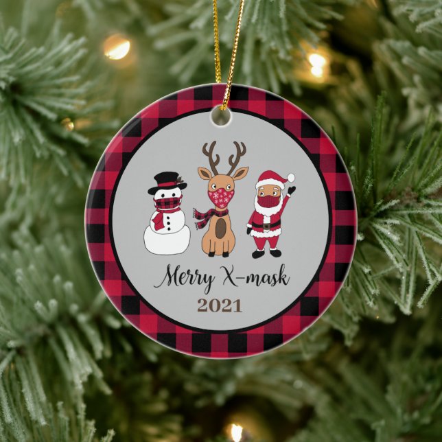 Merry X-Mask Funny Buffalo Plaid Santa  Ceramic Ornament (Tree)