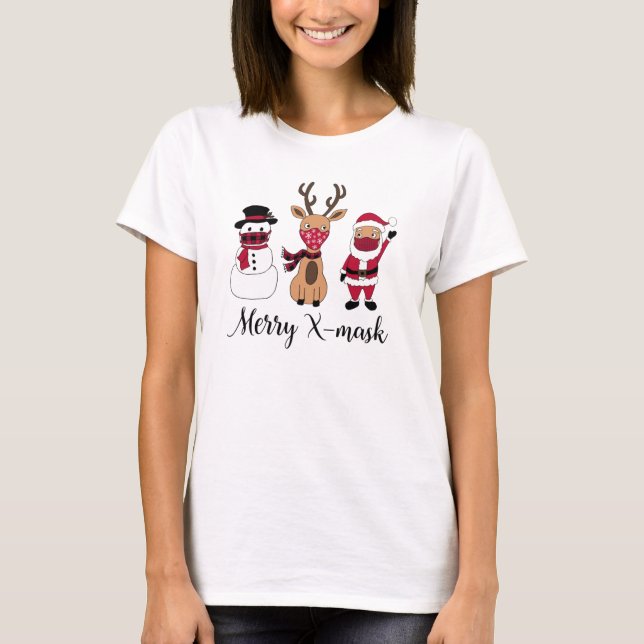 Merry X-Mask Funny Buffalo Plaid Santa Reindeer T-Shirt (Front)
