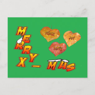 Merry Xmas & 3 heart shaped leaves green Postcard