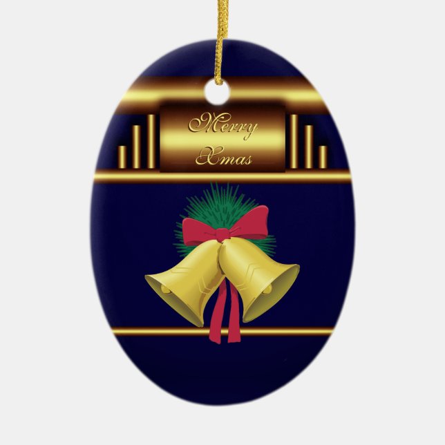 Merry Xmas Bells on Brass and Blue Ceramic Ornament (Front)