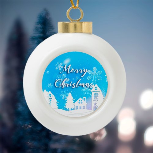 Merry Xmas Blue White House Snow  Ceramic Ball Christmas Ornament