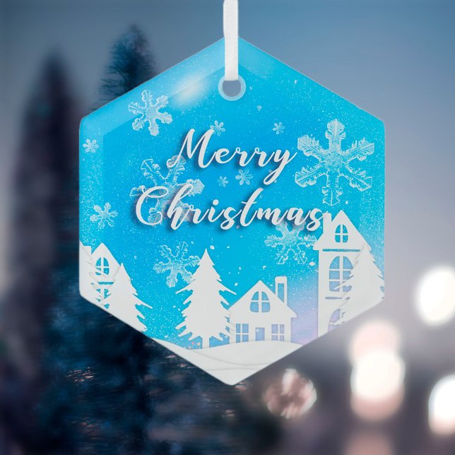 Merry Xmas Blue White House Snow Glass Ornament (Creator Uploaded)