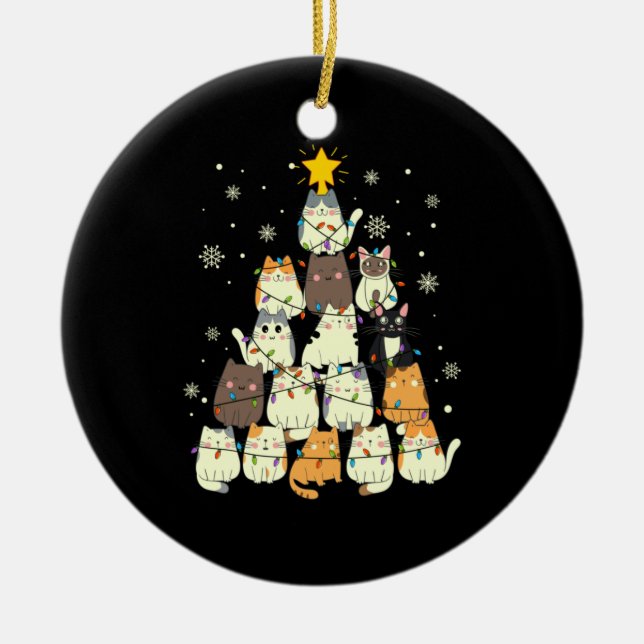 Merry Xmas Cat Christmas Tree Ceramic Ornament (Front)