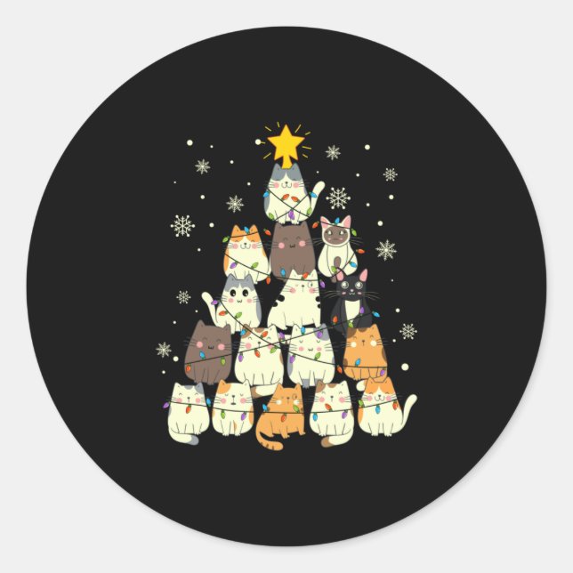 Merry Xmas Cat Christmas Tree Classic Round Sticker (Front)