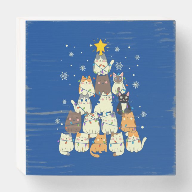 Merry Xmas Cat Christmas Tree Wooden Box Sign (Front Horizontal)