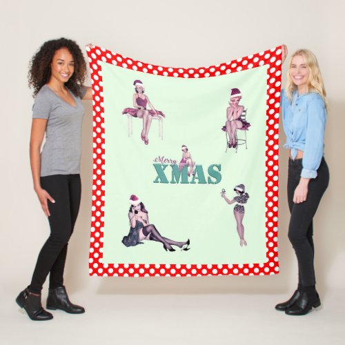 Merry XMAS Christmas pinup girls and polka dots Fleece Blanket