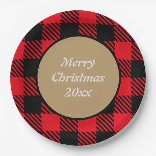 Merry Xmas Custom Buffalo plaid pattern black red  Paper Plates