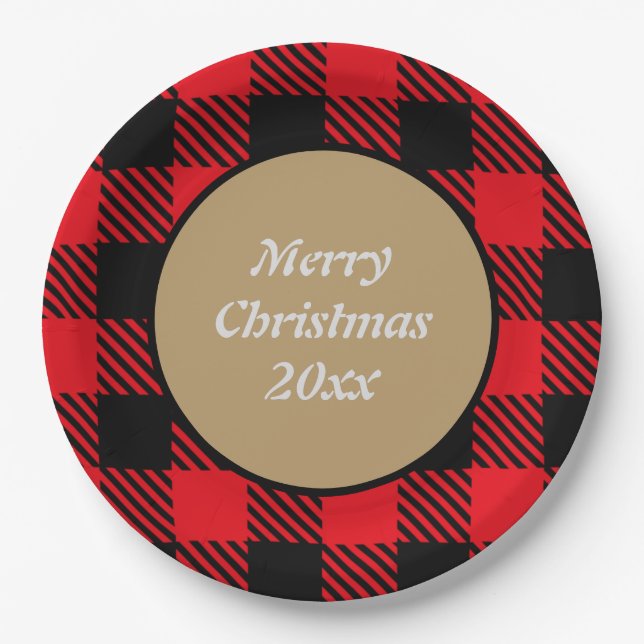 Merry Xmas Custom Buffalo plaid pattern black red  Paper Plates (Front)