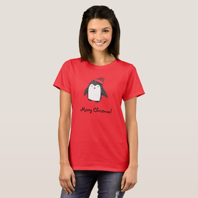 Merry Xmas Cute Happy Penguin in Red Winter Hat T-Shirt (Front Full)