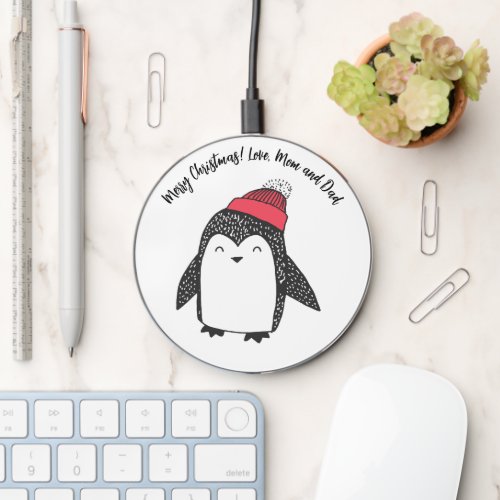 Merry Xmas Cute Happy Penguin in Red Winter Hat Wireless Charger