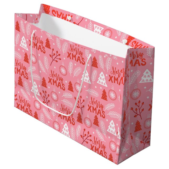 Merry Xmas Cute Pink Retro Botanical Christmas  Large Gift Bag (Front Angled)