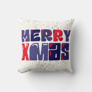 Merry Xmas Cute Red Blue Gold Throw Pillow