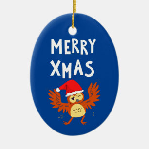 Merry Xmas Dancing Owl   Ceramic Ornament