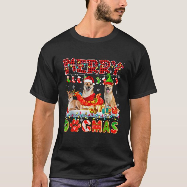 Merry Xmas Dog Three Santa Reindeer Elf Shiba Inus T-Shirt (Front)