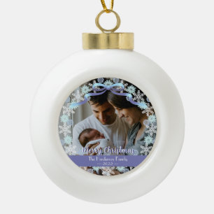 Merry Xmas Family Photo Name Light Blue Purple Ceramic Ball Christmas Ornament