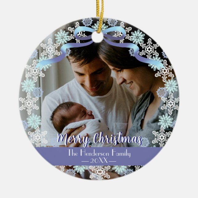Merry Xmas Family Photo Name Light Blue Purple  Ceramic Ornament (Front)