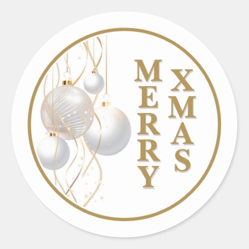 Merry Xmas Gold and White Classic Round Sticker