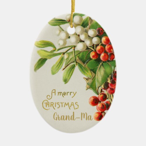 Merry Xmas Grandma Berries Ceramic Ornament