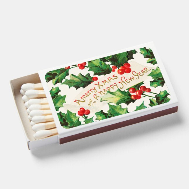 Merry Xmas & Happy New Year Holly Matchboxes (Front Open)