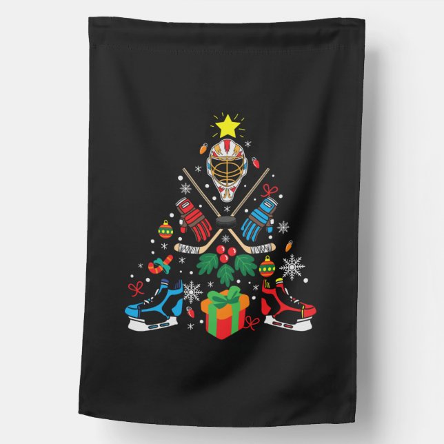 Merry Xmas Ice Hockey Christmas Tree House Flag (Front)