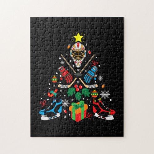 Merry Xmas Ice Hockey Christmas Tree Jigsaw Puzzle