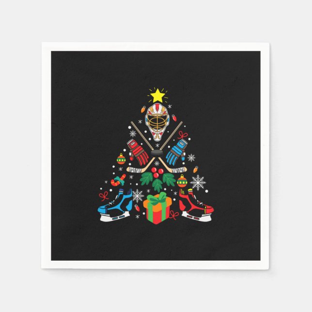 Merry Xmas Ice Hockey Christmas Tree Napkins (Front)