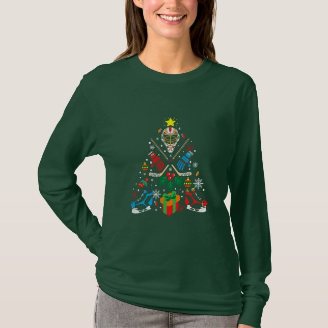 Merry Xmas Ice Hockey Christmas Tree T-Shirt (Front)