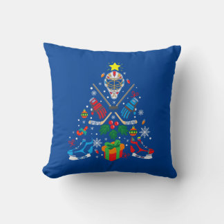 Merry Xmas Ice Hockey Christmas Tree Throw Pillow