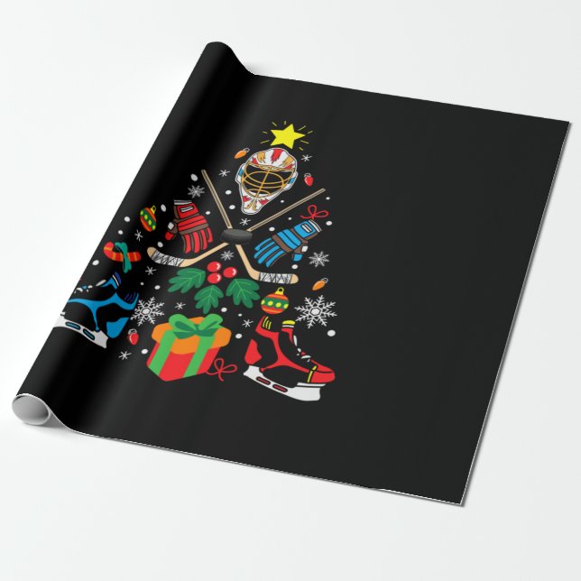 Merry Xmas Ice Hockey Christmas Tree Wrapping Paper (Unrolled)