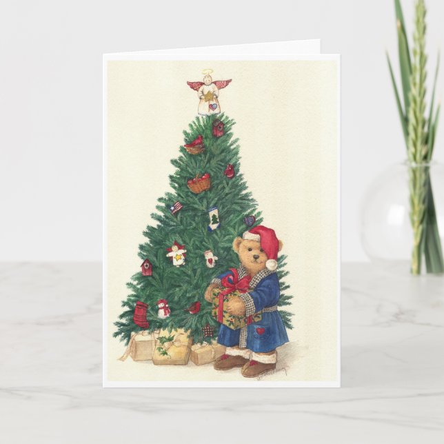 MERRY XMAS illustrated Cuddly Xmas BEAR Holiday Card (Front)