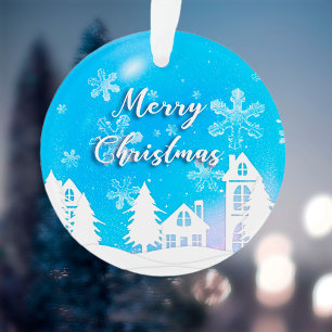Merry Xmas New Year 2023 Blue White House Snow Ornament