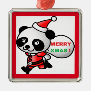 "MERRY XMAS" PANDA BEAR SANTA METAL ORNAMENT