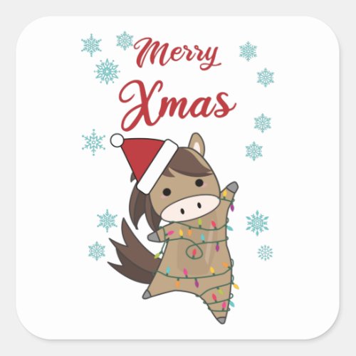 Merry Xmas Ponny Horse Snow Fairy Lights Animals Square Sticker