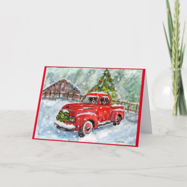 Merry Xmas Red Truck w/ Boxers driving Xmas card (Front)