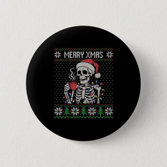 Merry Xmas Skeleton Ugly Sweater, Skull Wearing Sa Button (Front)