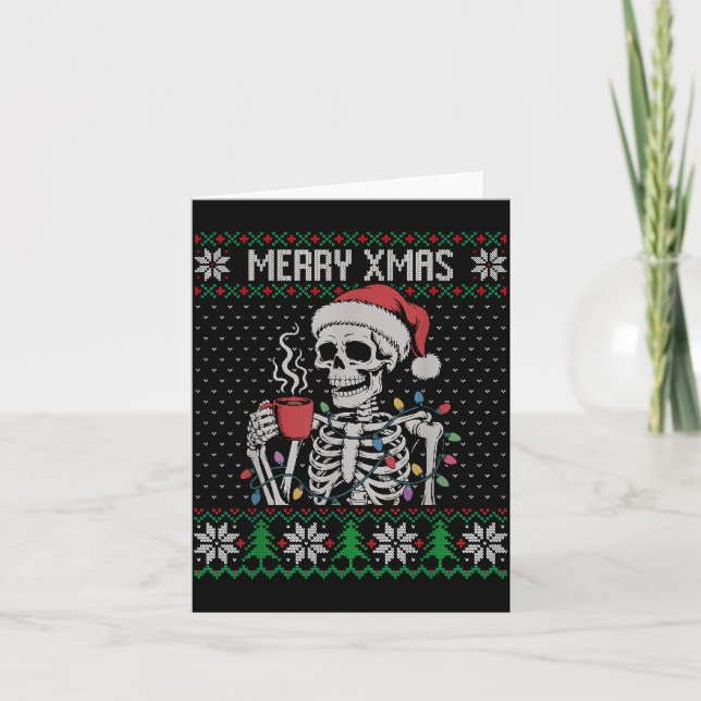 Merry Xmas Skeleton Ugly Sweater, Skull Wearing Sa Card (Front)