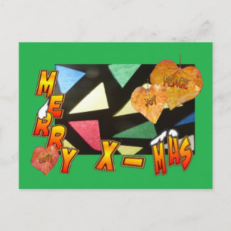 Merry Xmas Stained Glass & Leaves Green Postcard