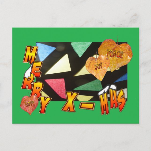 Merry Xmas Stained Glass & Leaves Green Postcard (Front)