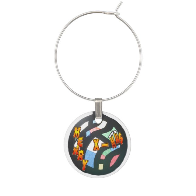 Merry Xmas Stained Glass Pattern Single Wine Charm (Front)