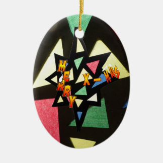 Merry Xmas Stained Glass Star Oval Ornament