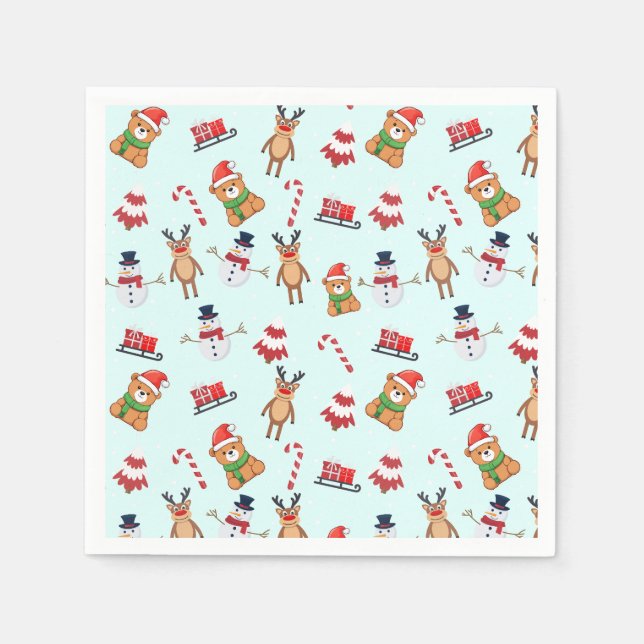 Merry xMas tree snowman deer Bear Santa Pattern Napkins (Front)