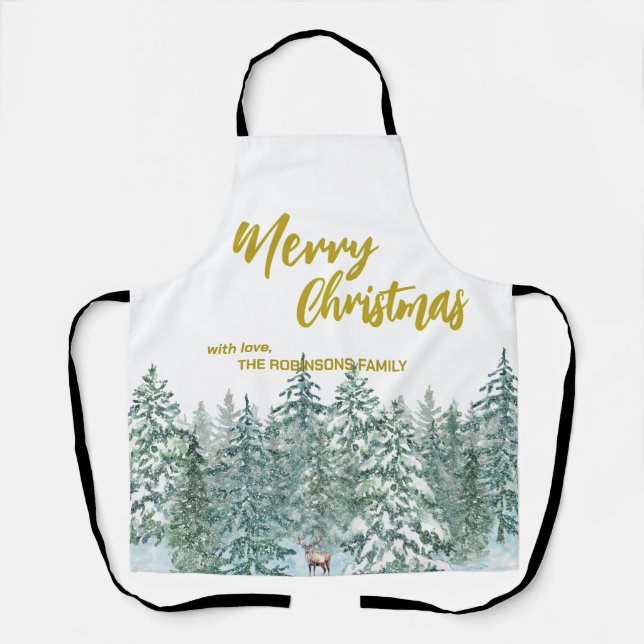 Merry xmas trees forest Modern Gold script Holiday Apron (Front)
