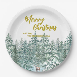 Merry xmas trees forest Modern Gold script Holiday Paper Plates