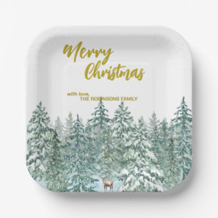 Merry xmas trees forest Modern Gold script Holiday Paper Plates